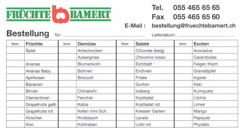 Bestellformular Früchte Bamert AG
